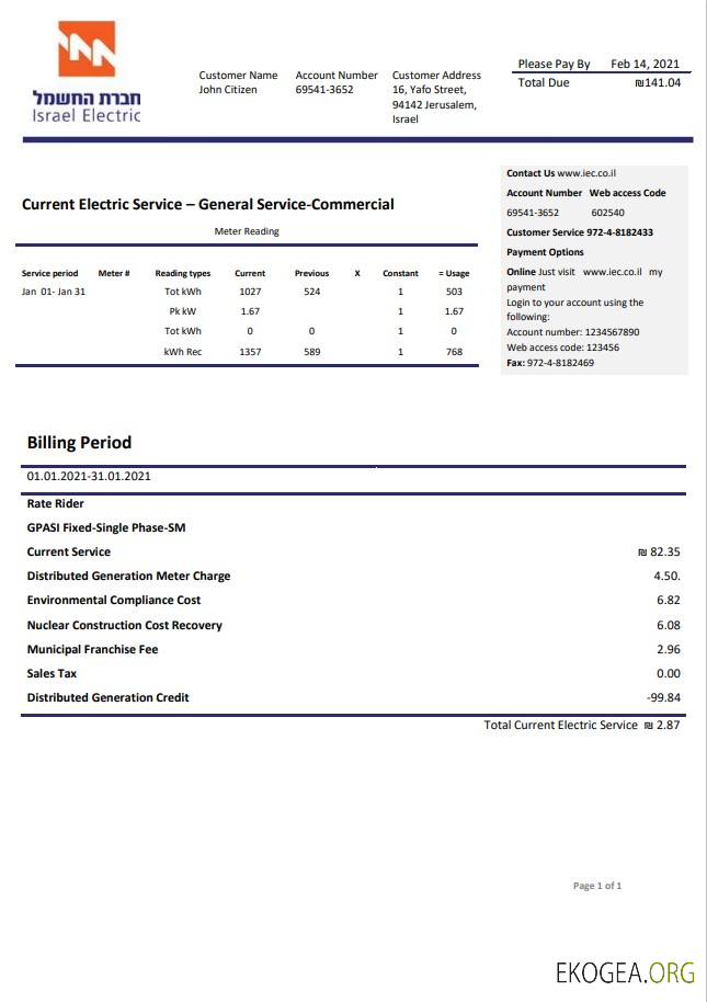 Israel Electric corporation utility bill template in word and pdf format (.doc and .pdf) template